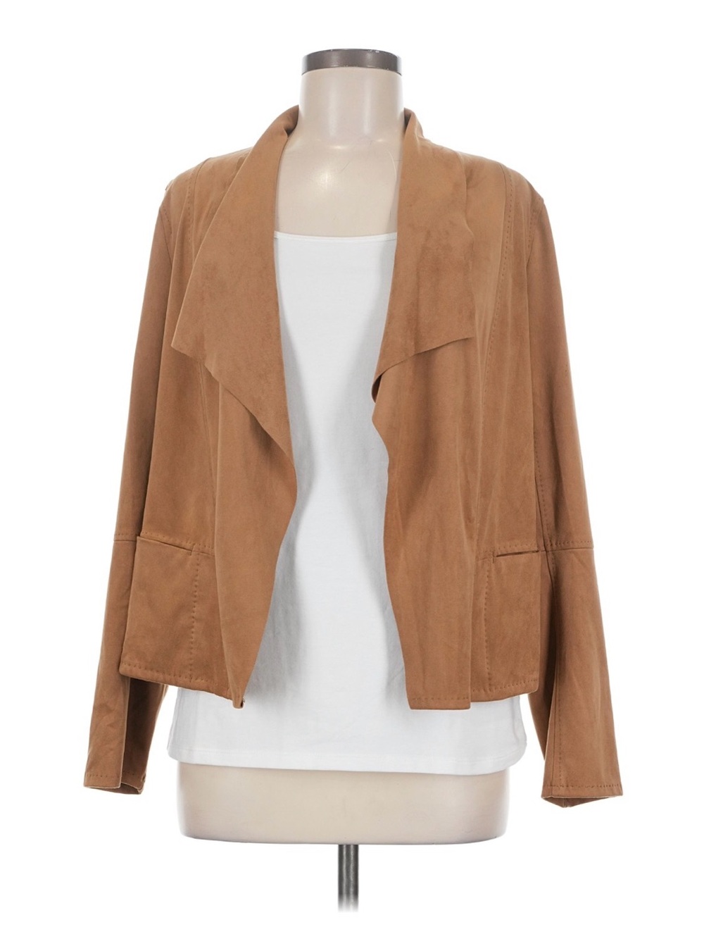 Max Studio Camel Draped Open-Front Suede Blazer